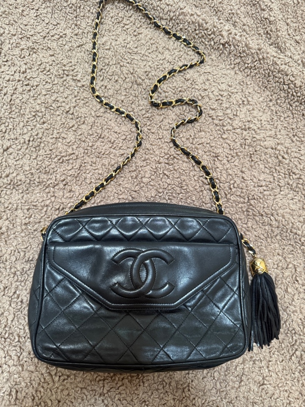 CHANEL Black Quilted Leather Crossbody Camera Bag with Tassel